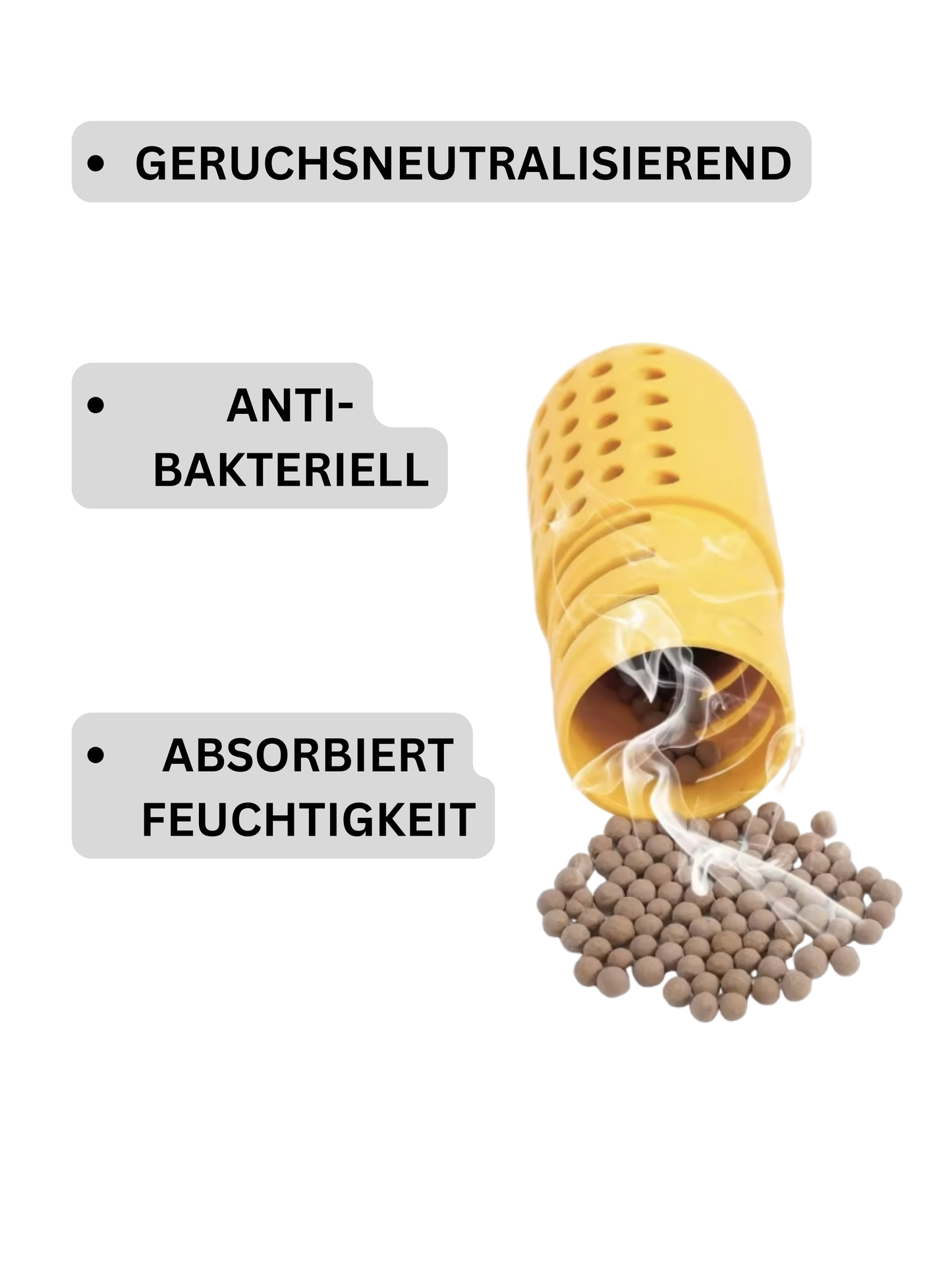 Geöffnete Schuhkapsel mit mineralischen Kügelchen zur Feuchtigkeitsabsorption und Geruchsneutralisation