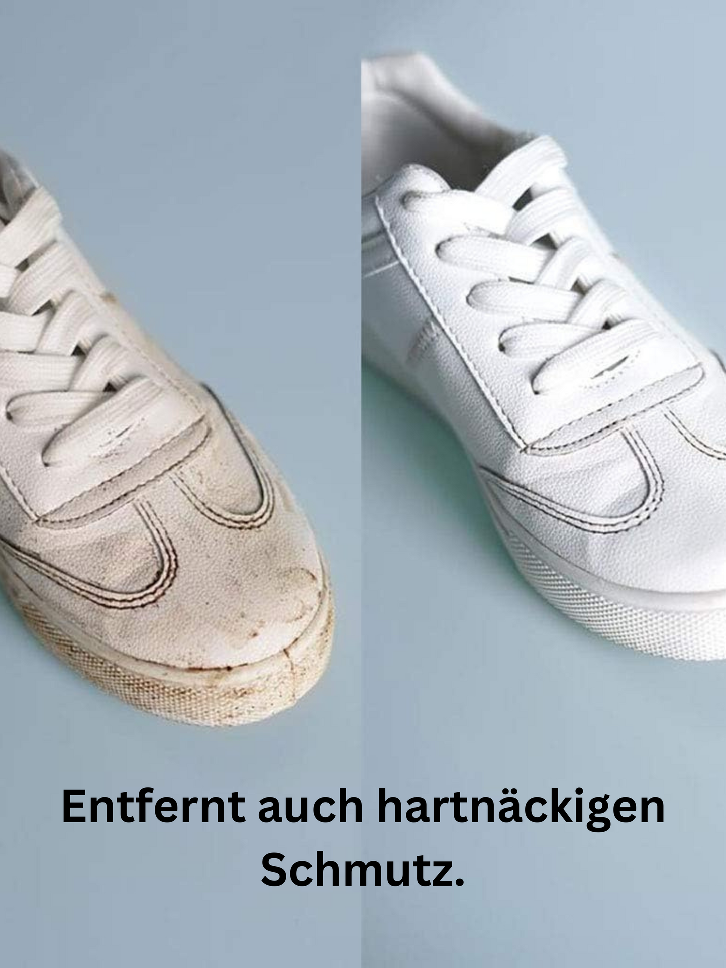 Vorher-Nachher Sneaker Reinigung – schmutzige Turnschuhe vor dem Waschen und saubere Sneaker nach Anwendung des Waschbeutels