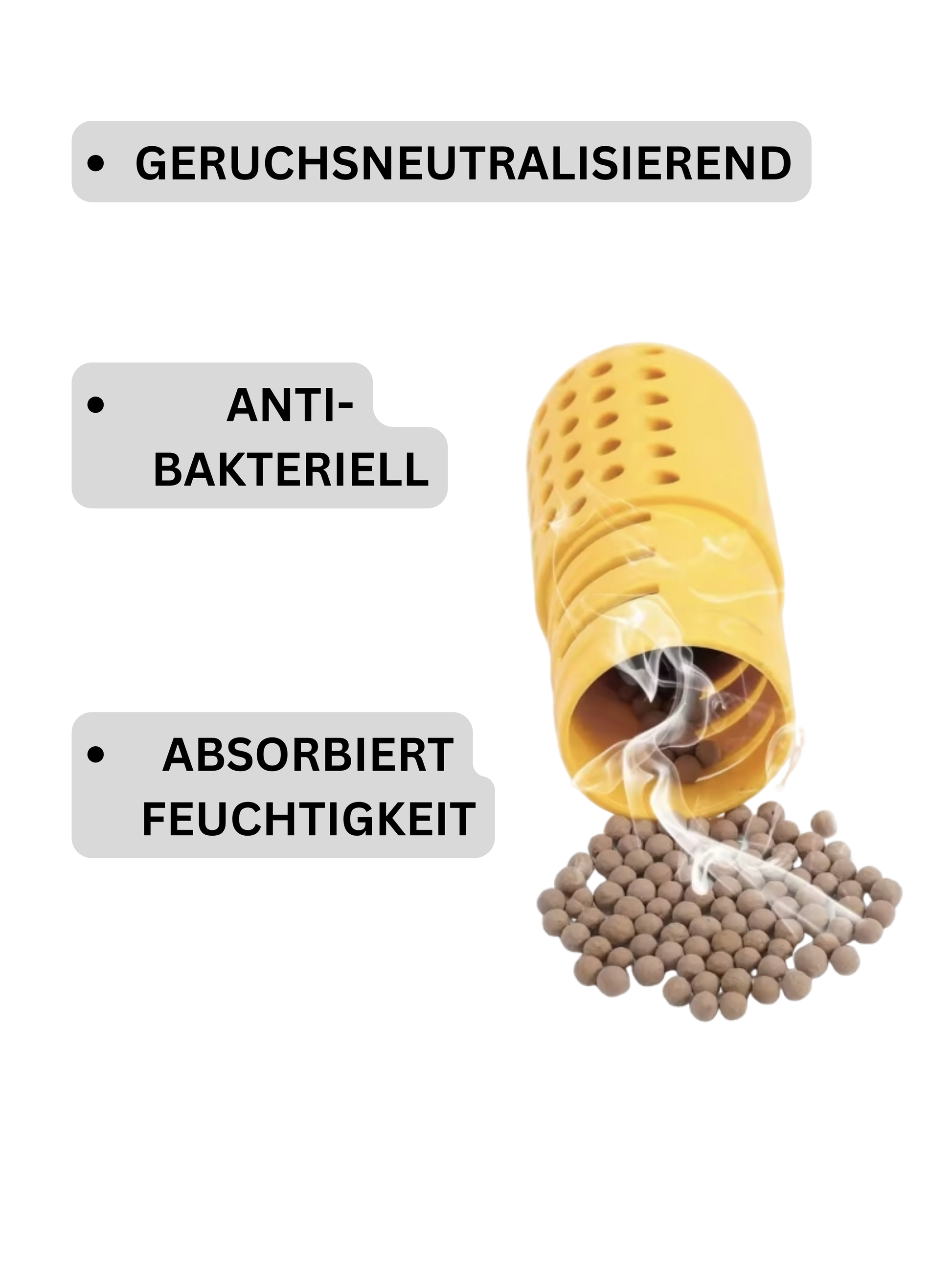 Geöffnete Schuhkapsel mit mineralischen Kügelchen zur Feuchtigkeitsabsorption und Geruchsneutralisation